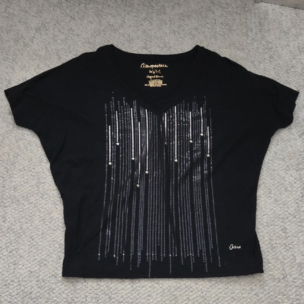 Aeropostale Black Short Sleeve Tee with Silver Accents - Picture 2 of 6
